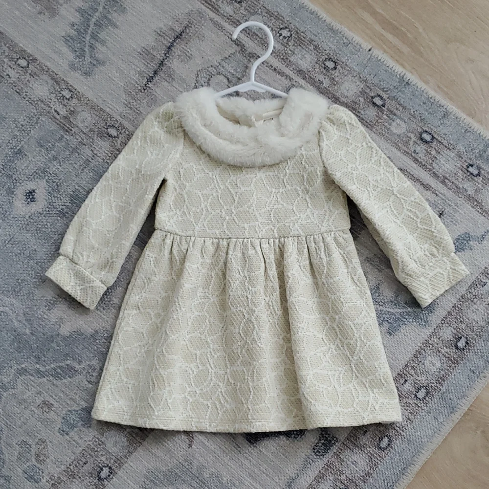 Janie And Jack Baby Girls Metallic Faux Fur Collar Dress Cream Gold Sz12-18m